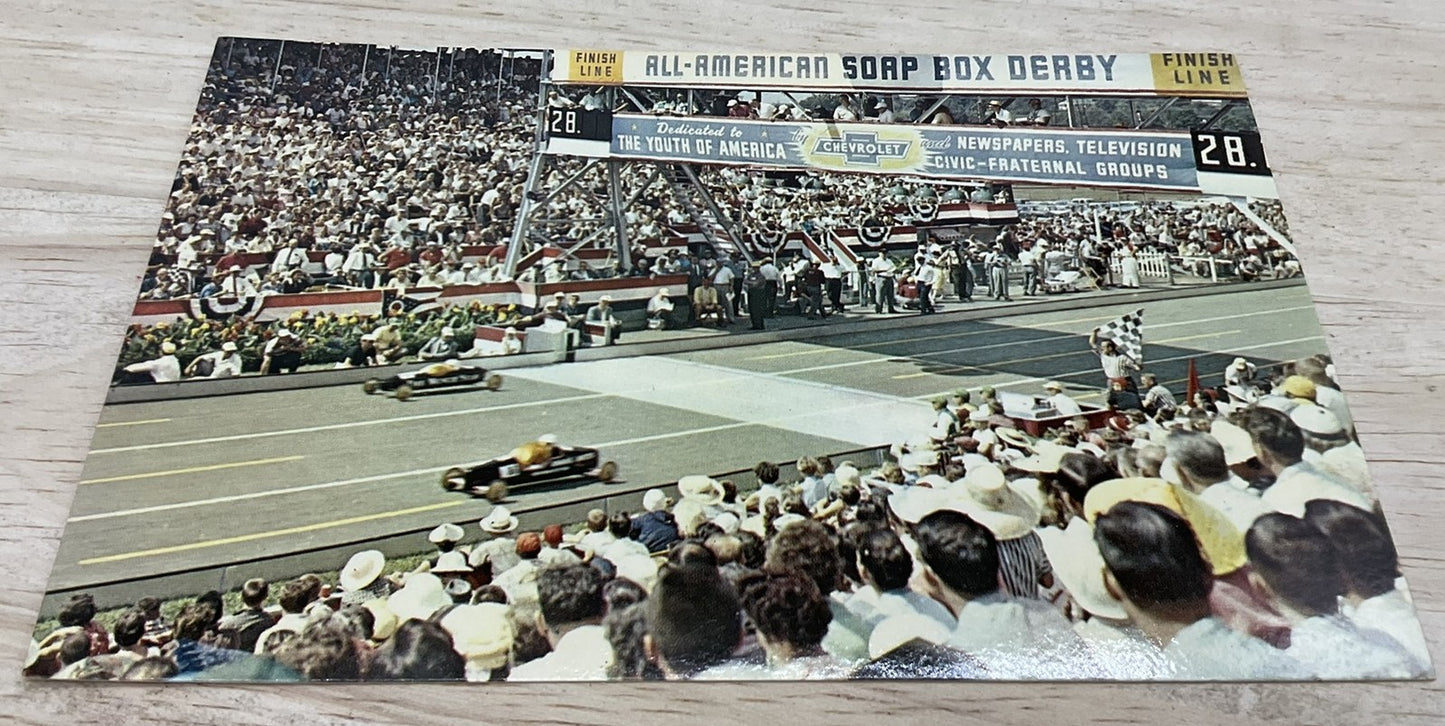 Vintage All-American Soap Box Derby Akron Ohio Colourpicture Postcard 5.5x3.5 In