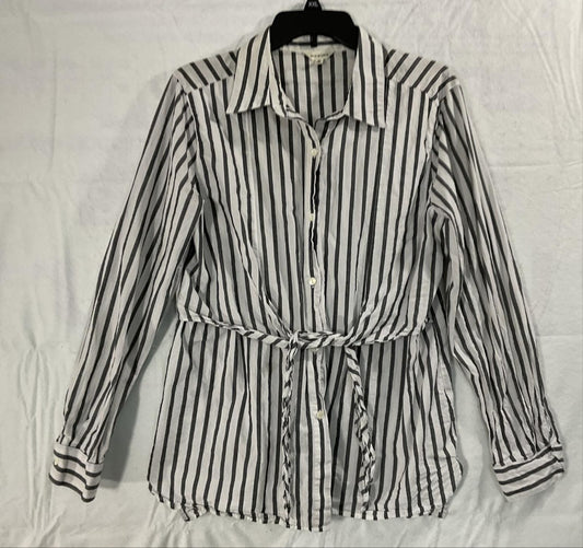 Max Studio Shirt Womens XL White Black Stripe Button Front Long Sleeve Tie Waist