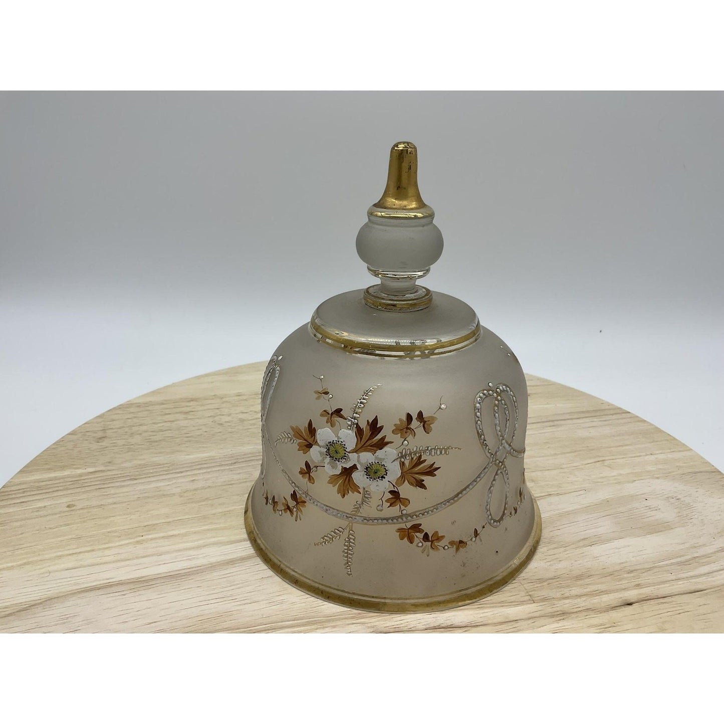 Vintage Hand Painted Glass Dome Lid ONLY Cover Gold Trim Floral Enamel Frosted