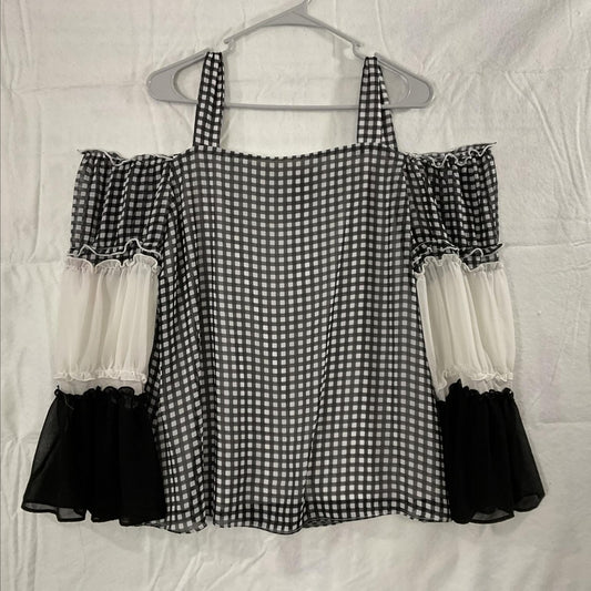 Coco Bianco Blouse Womens L Black White Gingham Off Shoulder Ruffle Bell Sleeve