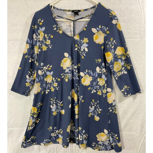 Rue21 Tunic Top Women Large Blue Floral 3/4 Sleeve V-Neck Boho Casual Blouse