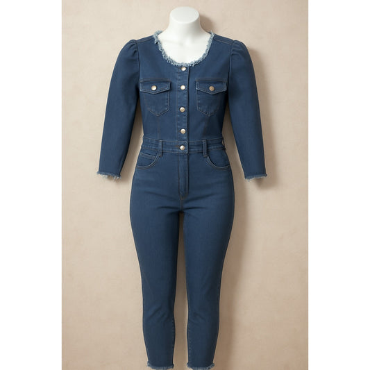 Women's Blue Denim Button-Up Jumpsuit S Fringe Collar Long Sleeve Retro 90's