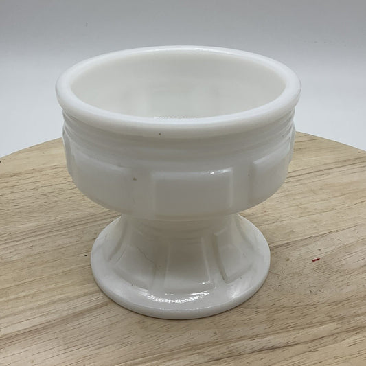 Vintage White Milk Glass Pedestal Vase Geometric Paneled Flower Frog Decor MCM