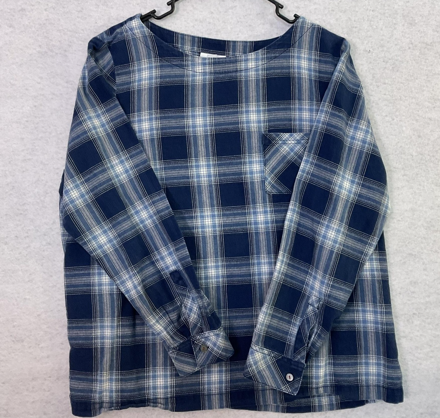 J. Jill Blouse Womens L Petite Blue Boat Neck Long Sleeve Plaid Button Back