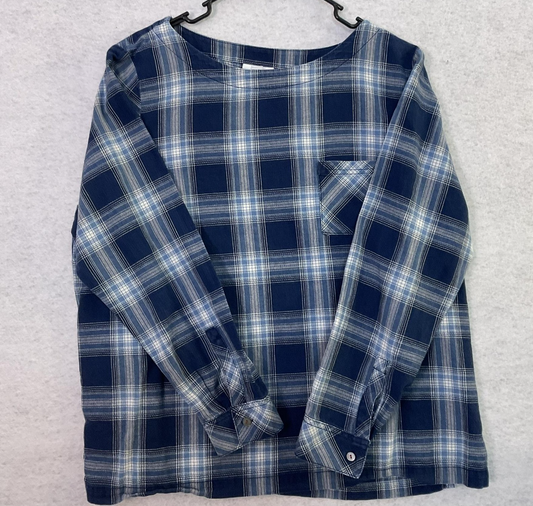 J. Jill Blouse Womens L Petite Blue Boat Neck Long Sleeve Plaid Button Back