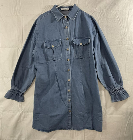 HUDILAN Dress Womens Large Blue Denim Shirt Collared Snap Button Pockets