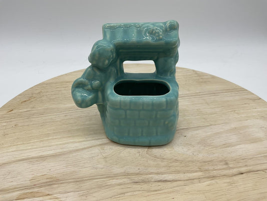 Ceramic Wishing Well Planter Turquoise Aqua Child Figurine Cottage Decor Home