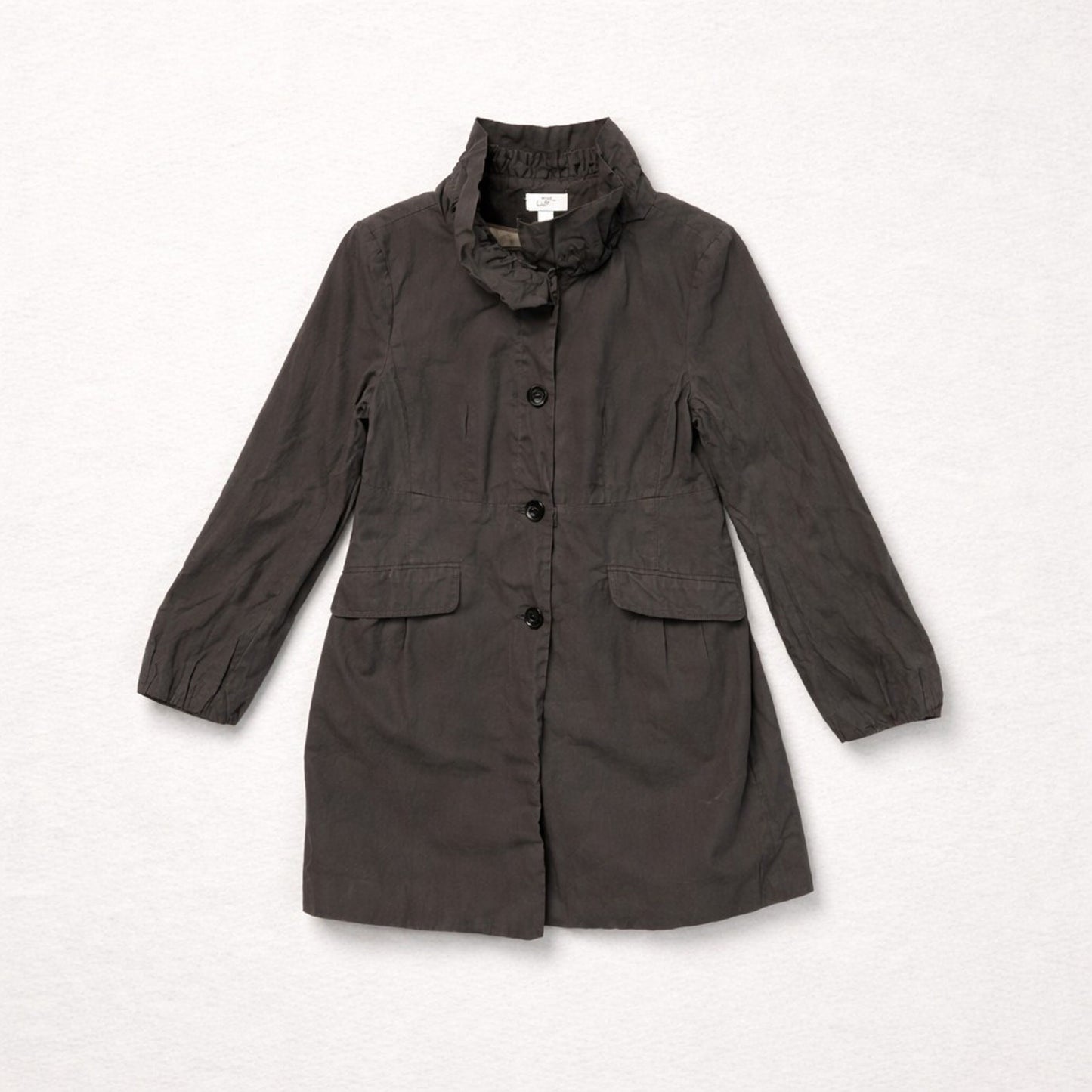 Ann Taylor Loft Trench Coat Womens Medium Gray Twill Ruffle Collar Lined Button