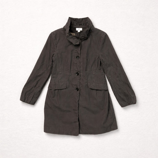 Ann Taylor Loft Trench Coat Womens Medium Gray Twill Ruffle Collar Lined Button