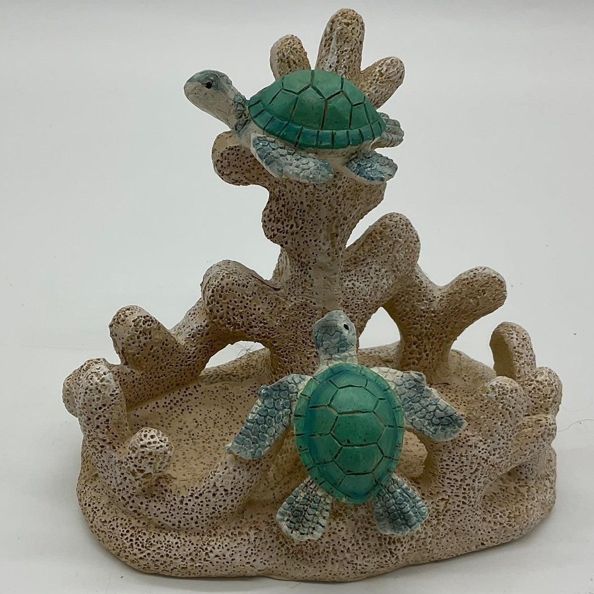 Sea Turtle Coral Figurine Small Beige Turquoise Coastal Nautical Decor
