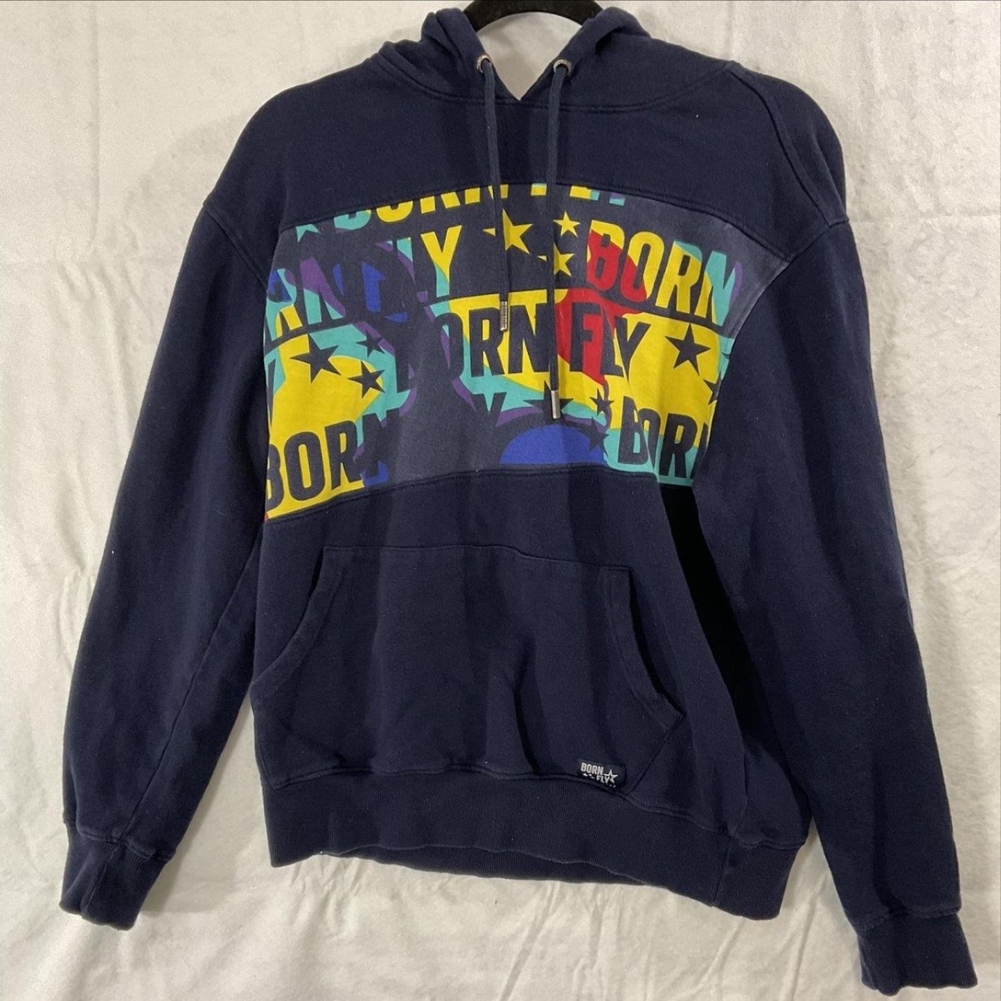 Born Fly Hoodie Mens Small Blue Pullover Graphic Logo Fleece Kangaroo Pocket