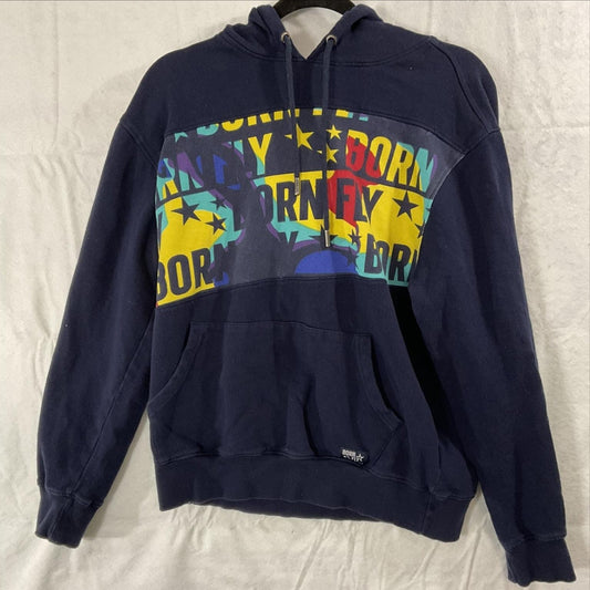 Born Fly Hoodie Mens Small Blue Pullover Graphic Logo Fleece Kangaroo Pocket