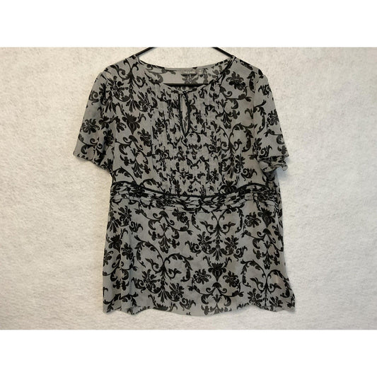 Apt. 9 Shirt Womens 1X Gray Black Floral Sheer Pleated Short Sleeve Blouse