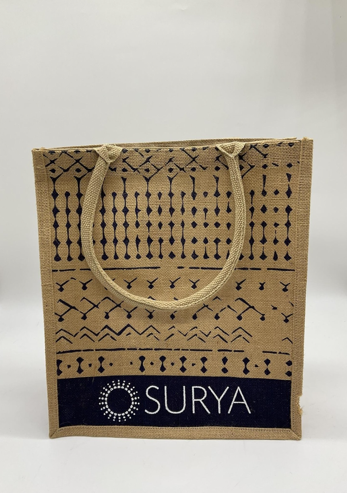 Surya Jute Tote Bag Tan Navy Reusable Shopping Grocery Handbag Rope Handles