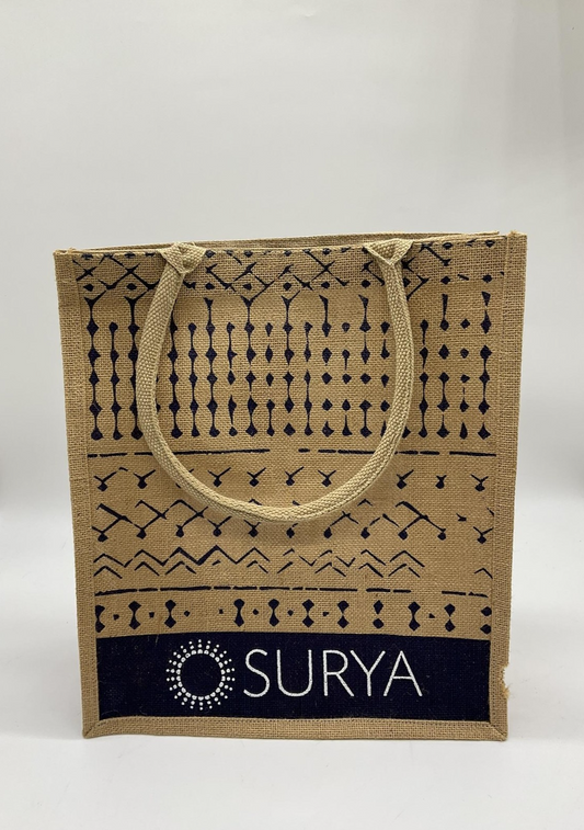 Surya Jute Tote Bag Tan Navy Reusable Shopping Grocery Handbag Rope Handles