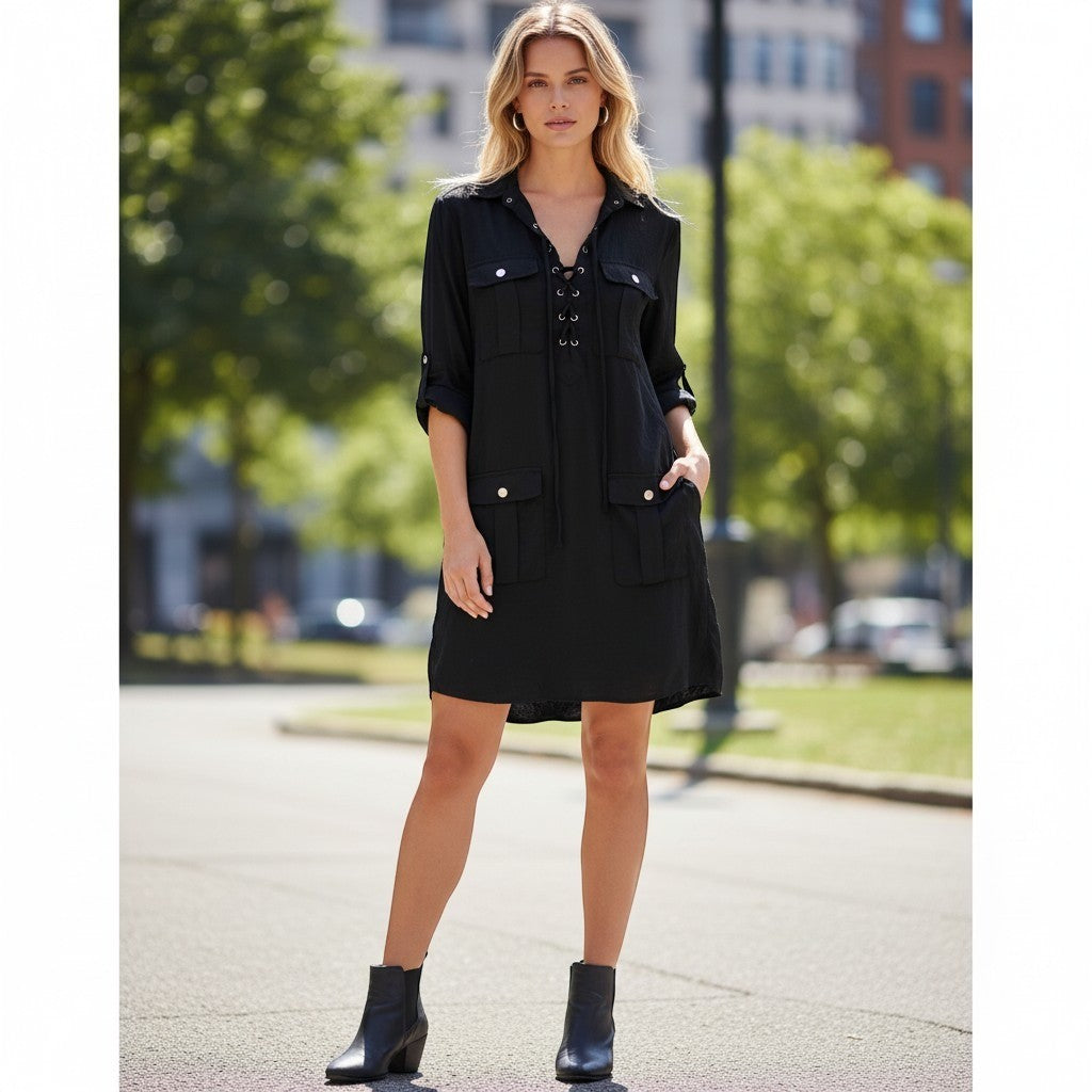 Denim & Supply Ralph Lauren Shirt Dress Womens XS Black Lace Up Utility Safari