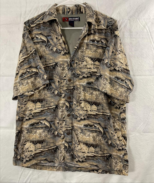 Reel Legends Shirt Mens Large Beige Tropical Fish Print Button Up Short Sleeve