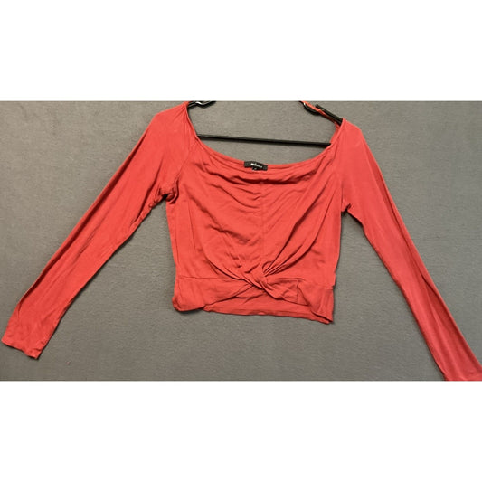 Ambiance Shirt Womens Medium Red Long Sleeve Twist Front Crop Top Stretch Rayon