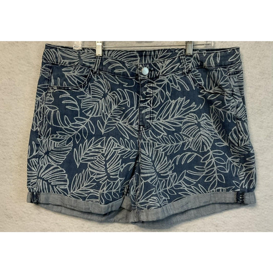 Lane Bryant Shorts Womens 20 Blue Denim Boyfriend Tropical Leaf Print Cuffed
