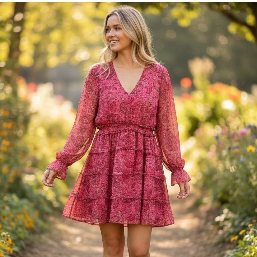 Torrid Paisley Mini Dress Womens 0 Pink Long Sleeve Smocked Waist Ruffle Boho