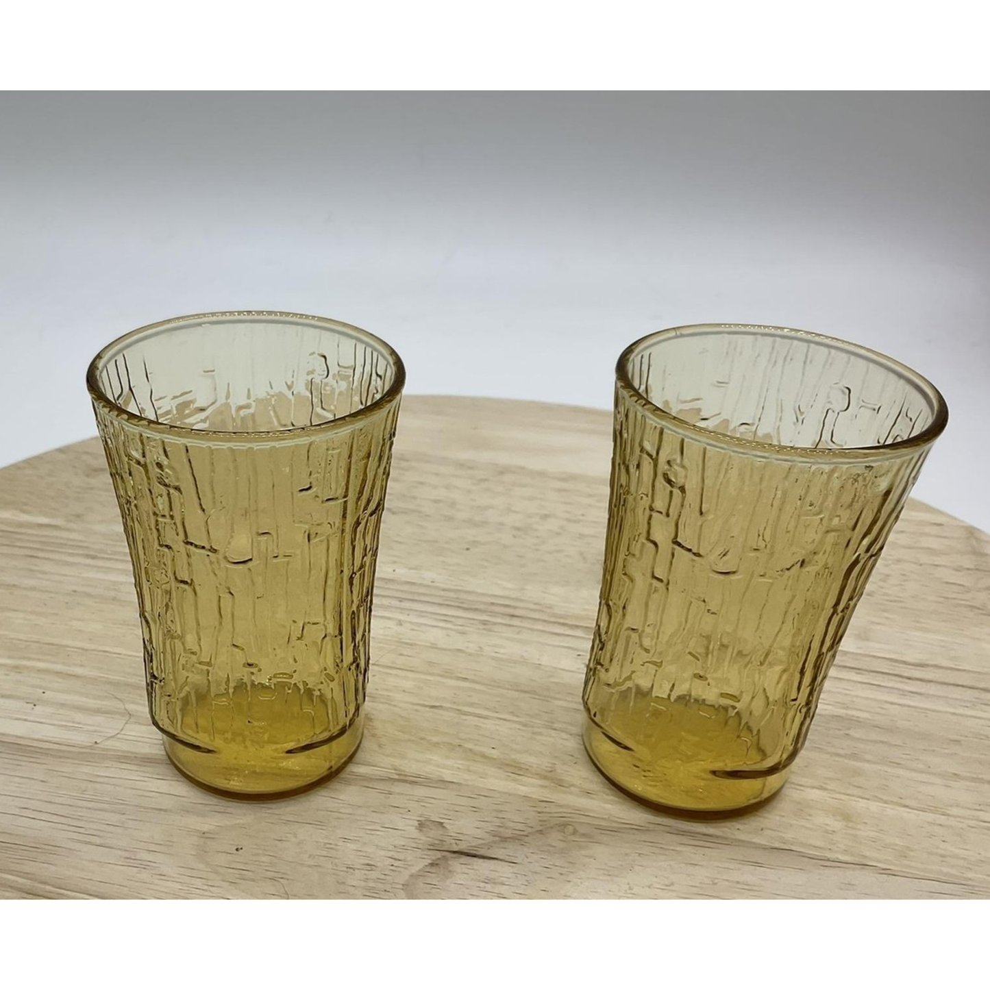 Amber Textured Bark Glass Tumblers Set of 2 Small Juice Drinking Glasses Yellow
