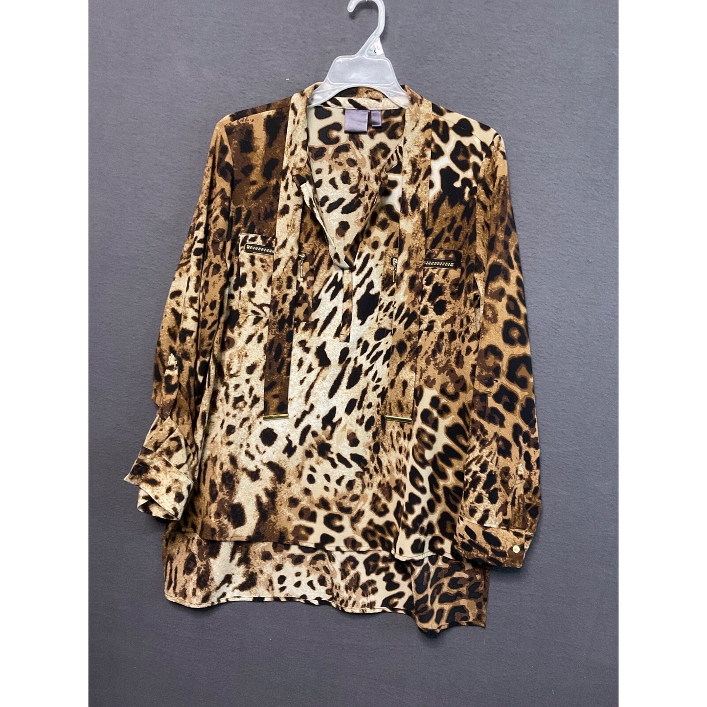 XL Leopard Lightweight Blouse Animal Print Long Sleeve Tie Neck Zip Pockets Chic