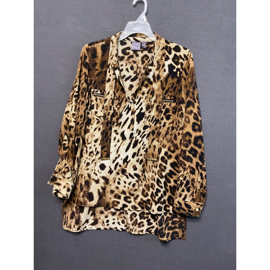 XL Leopard Lightweight Blouse Animal Print Long Sleeve Tie Neck Zip Pockets Chic