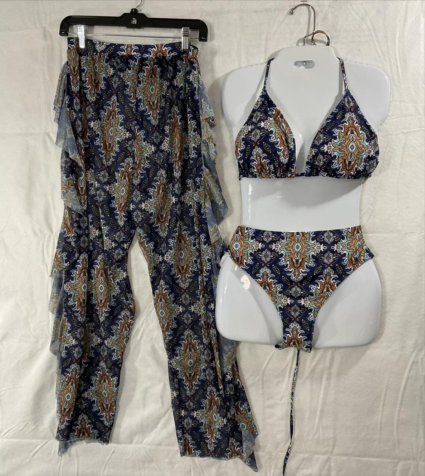 Bikini Set Womens 1XL Blue Paisley 3 Piece High Waist Sheer Ruffle Pants Swim