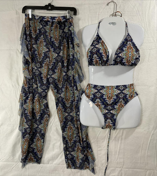 Bikini Set Womens 1XL Blue Paisley 3 Piece High Waist Sheer Ruffle Pants Swim
