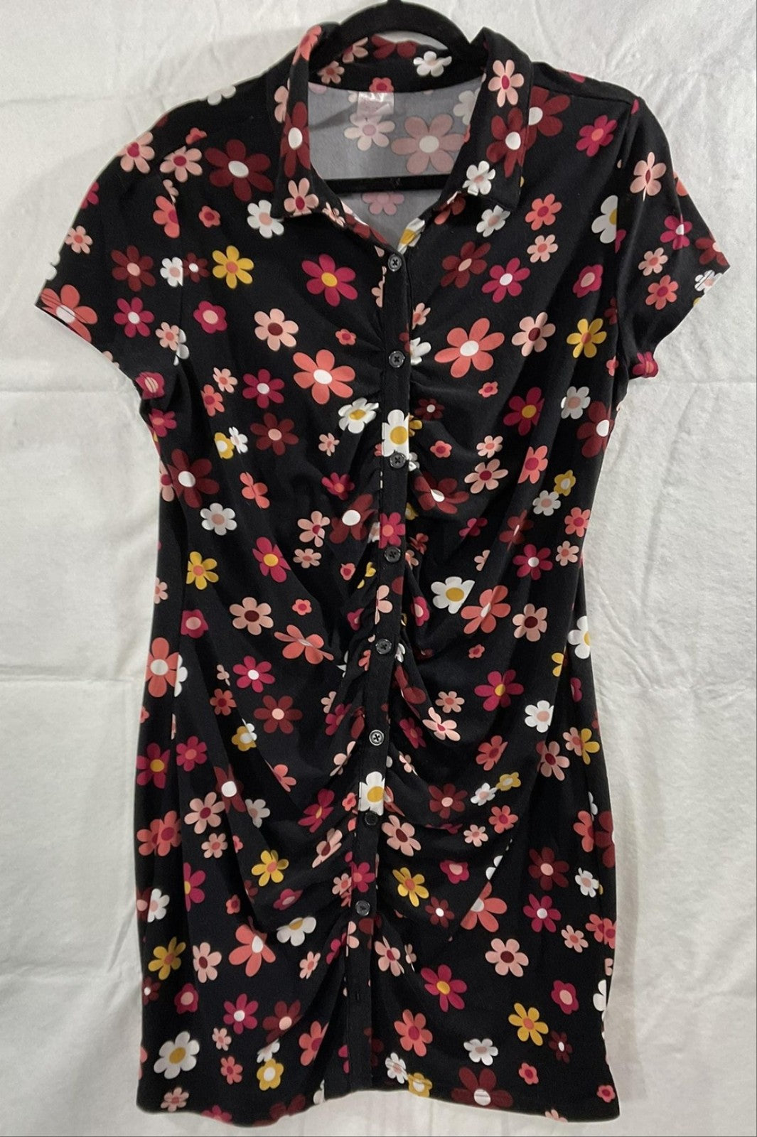 No Boundaries Dress Juniors XL 15-17 Black Floral Ruched Shirt Button Front
