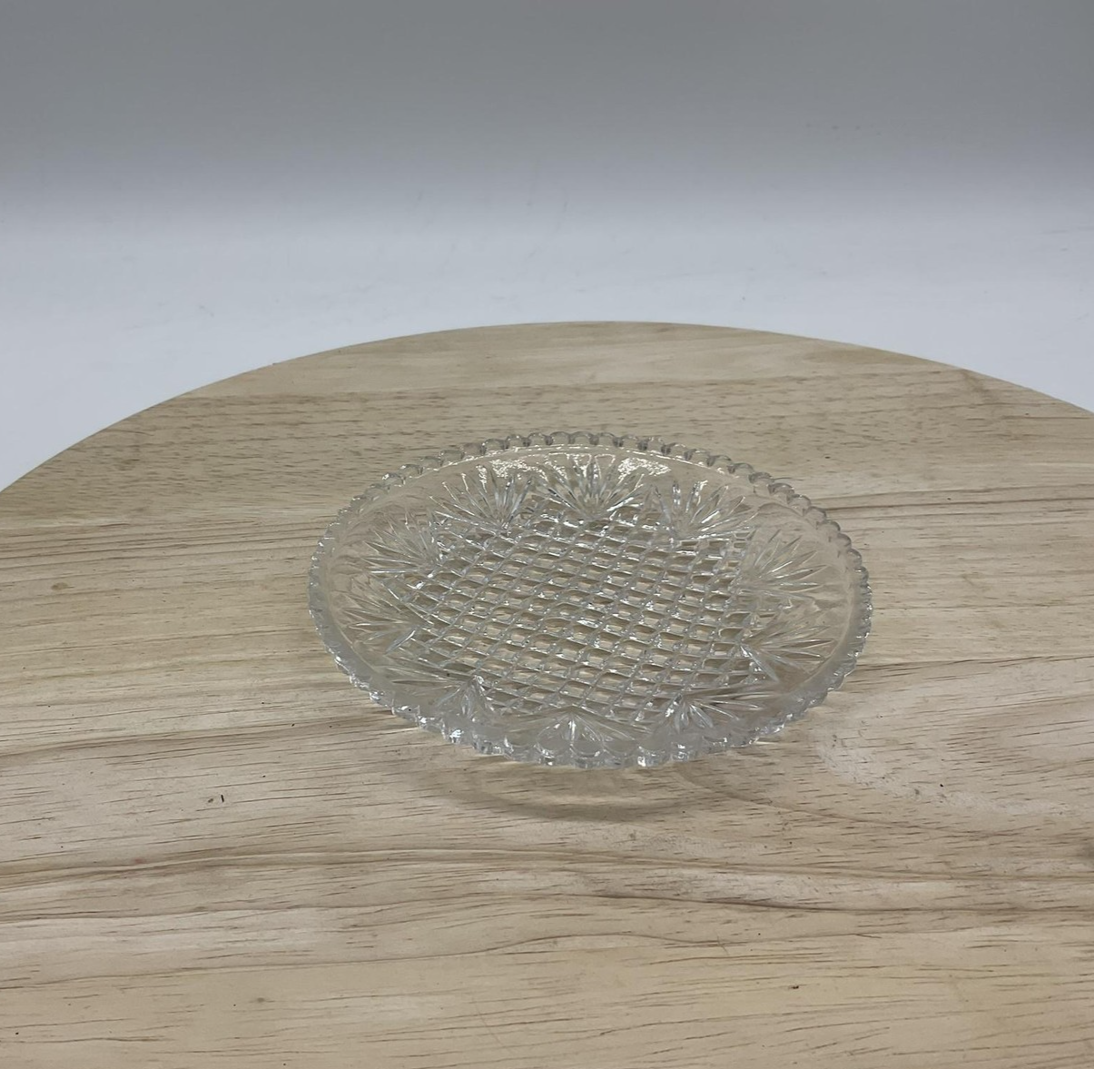 Pressed Glass Round Dish Clear Starburst Diamond Pattern Plate Small Coaster