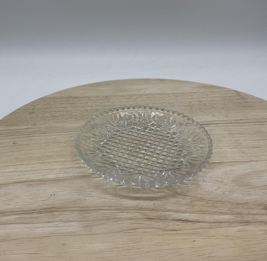 Pressed Glass Round Dish Clear Starburst Diamond Pattern Plate Small Coaster