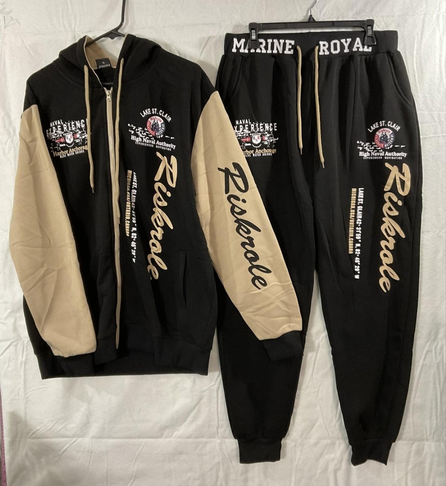 Riskrole Tracksuit Mens XL Black Tan Fleece Hoodie Joggers Nautical 2 Piece Set