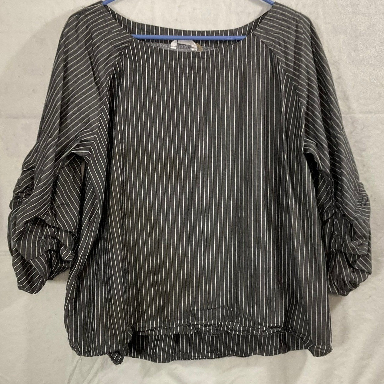 Kaktus Blouse Women Large Grey White Pinstripe Ruched Sleeve Cotton Top Career