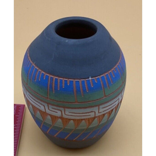 Indian Hand Etched Painted Clay Pottery Vase 3.25" Tall, Mid-Century
