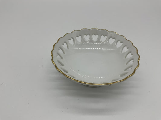 Unmarked White Porcelain Pedestal Bowl Heart Cutout Gold Trim Home Decor Display