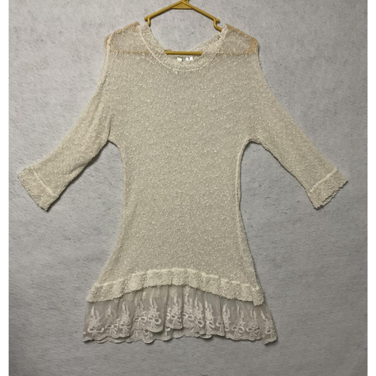 Ethyl Sweater Tunic Womens Large White Sheer Knit Lace Hem Ruffle Boho Top Sheer