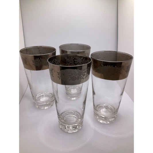 Set of 4 Vintage Glasses Silver Band Flower Design aprx 6" Retro Grandmacore