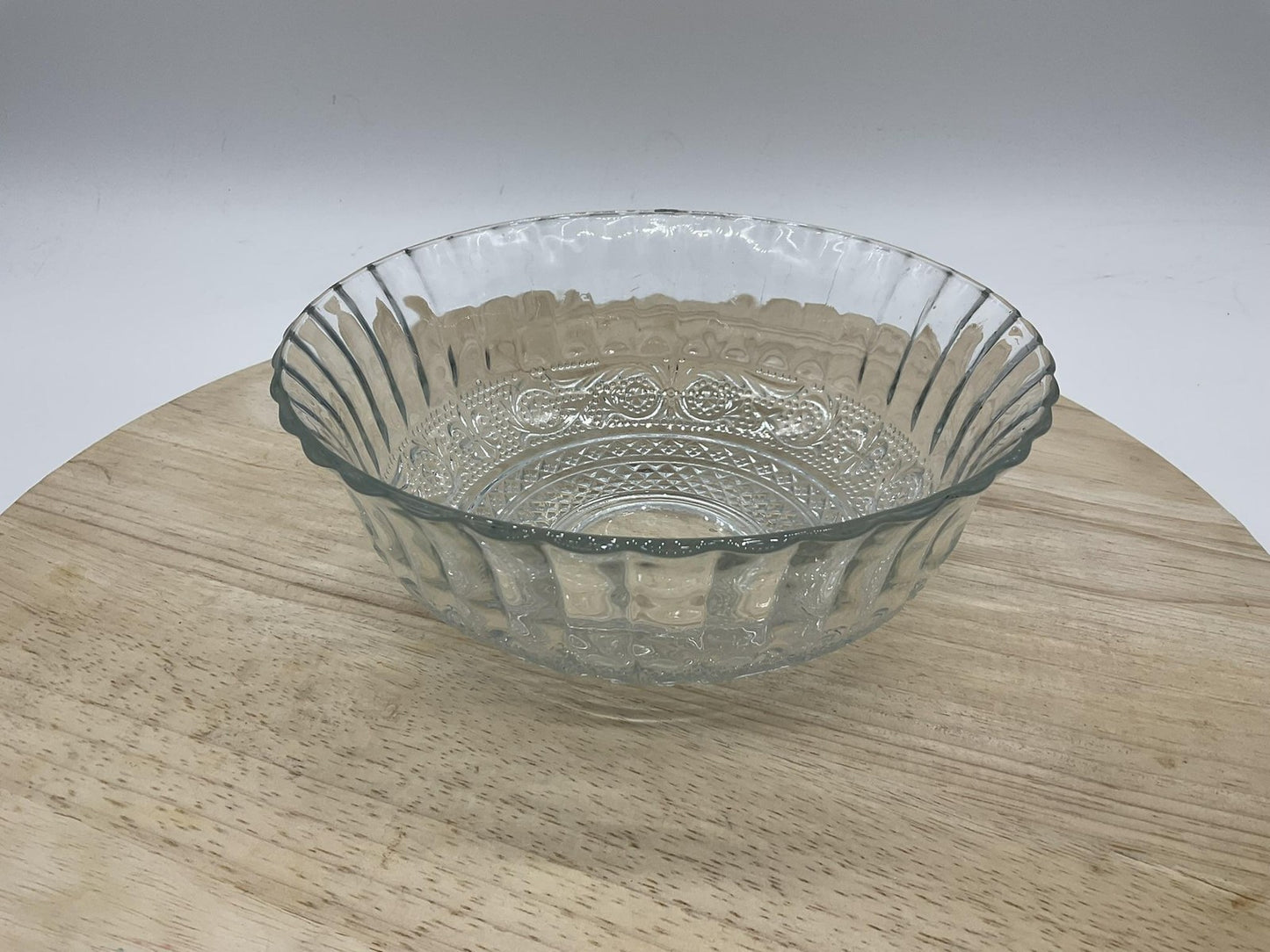 Clear Glass Serving Bowl Round Geometric Pressed Pattern Kitchen Decor Tabletop