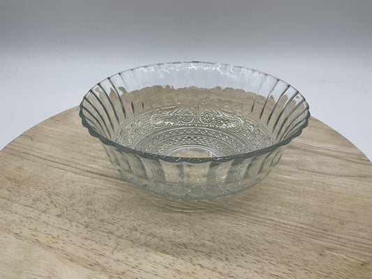 Clear Glass Serving Bowl Round Geometric Pressed Pattern Kitchen Decor Tabletop