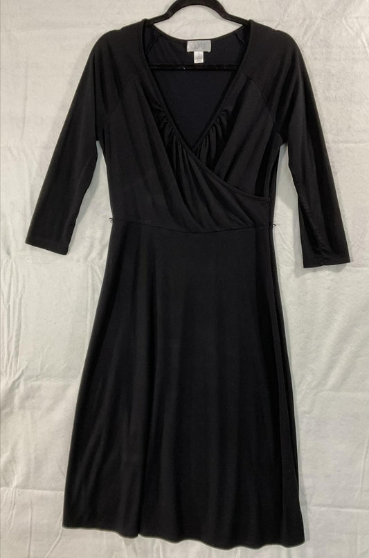 Ann Taylor LOFT Dress Womens 8 Black Faux Wrap 3/4 Sleeve Jersey Fit Flare