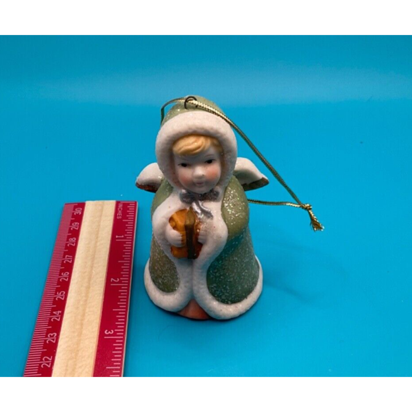 Vintage Green & White Caroling Angel - Little Girl Figurine, Christmas Ornament