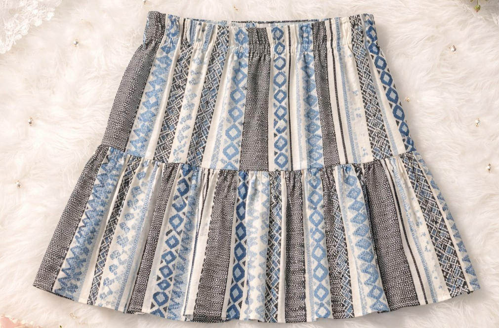 LOFT Skirt Womens Medium Blue Geometric Tiered A-Line Short Lined Elastic Waist