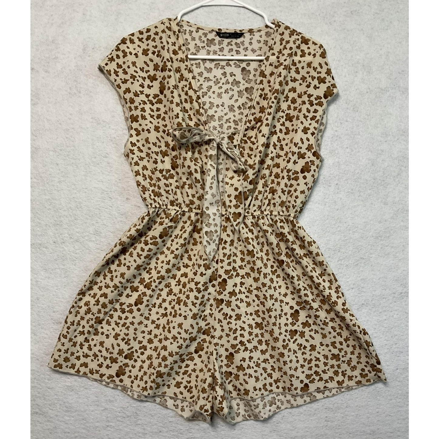 SHEIN Romper Womens Large Brown Tan Floral Print Short Sleeve Tie Front Casual