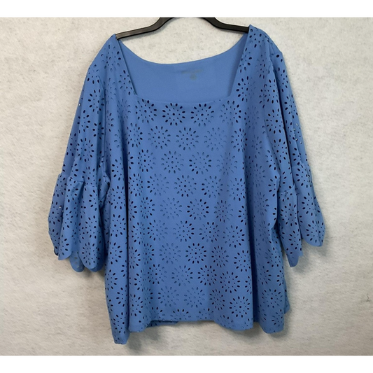 Jessica London Shirt Womens 30/32 Blue Eyelet Bell Sleeve Lined Blouse Top