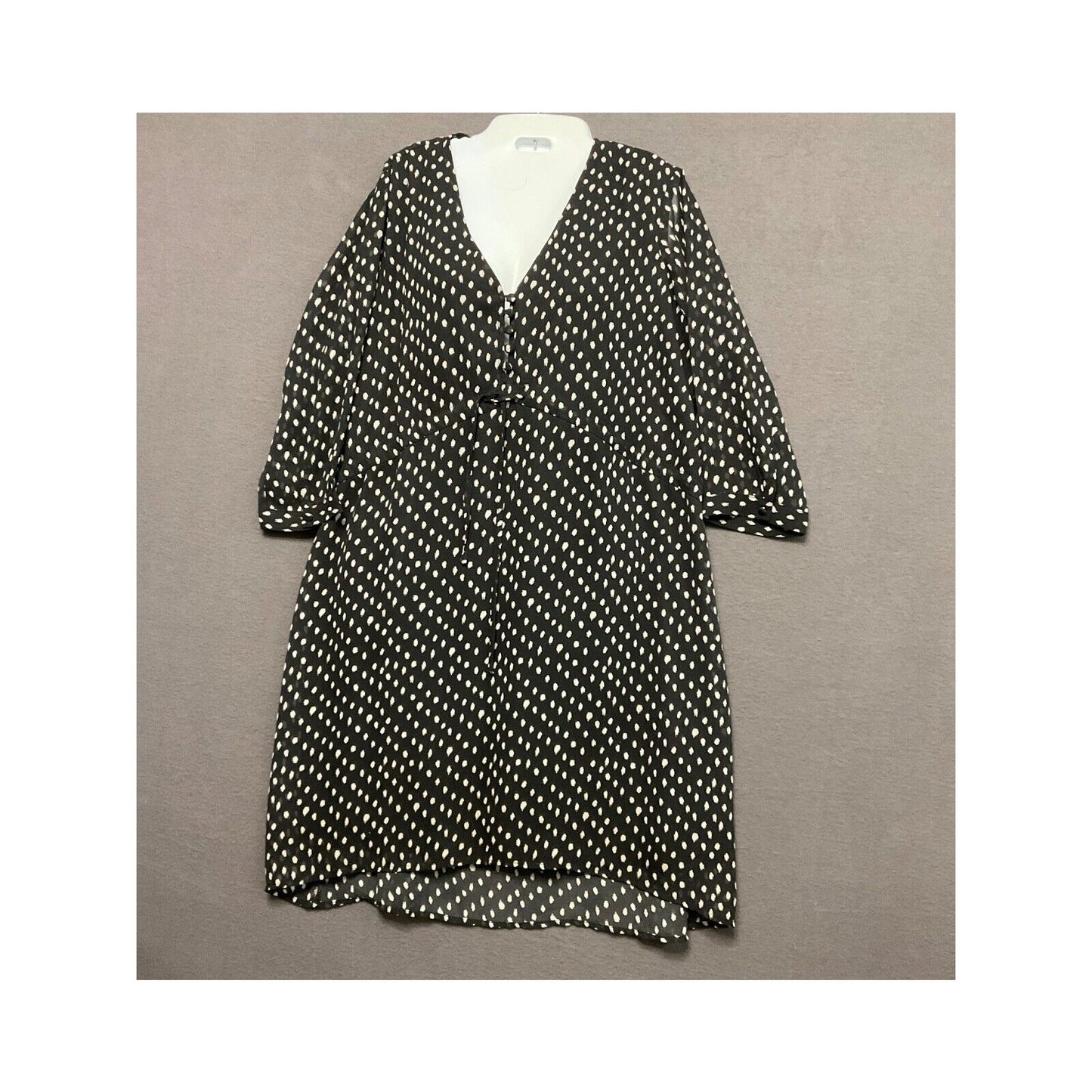 Kersh Black White Splash Polka Dot Dress Size M Chiffon V-Neck Lined Boho