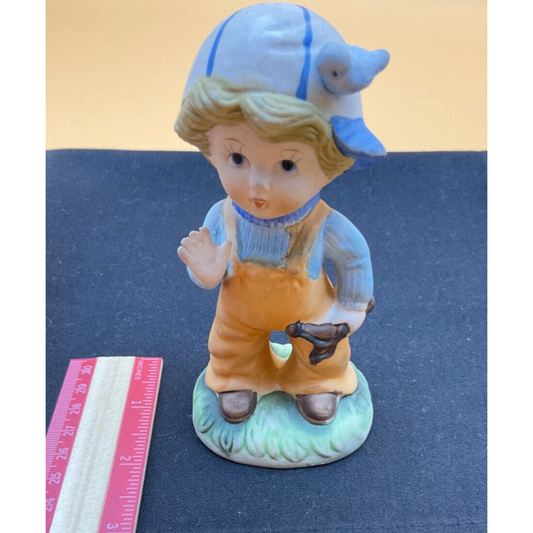 1970s Homco Boy Figurine with Baseball Cap & Blue Bird, 5" Tall,