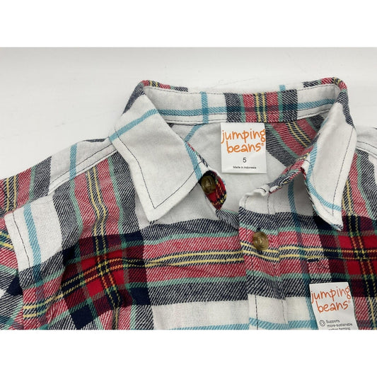 Jumping Beans Shirt Boys Size 5 Plaid Long Sleeve Button Up Red Blue White New