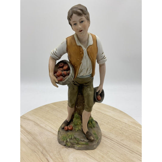 Vintage Ceramic Boy With Apple Baskets Figurine Farmhouse Home Interior Decor