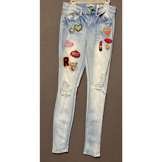 Indigo Rein Forever Jeans Size 5 Light Wash Skinny Ankle Patch Distressed Fun
